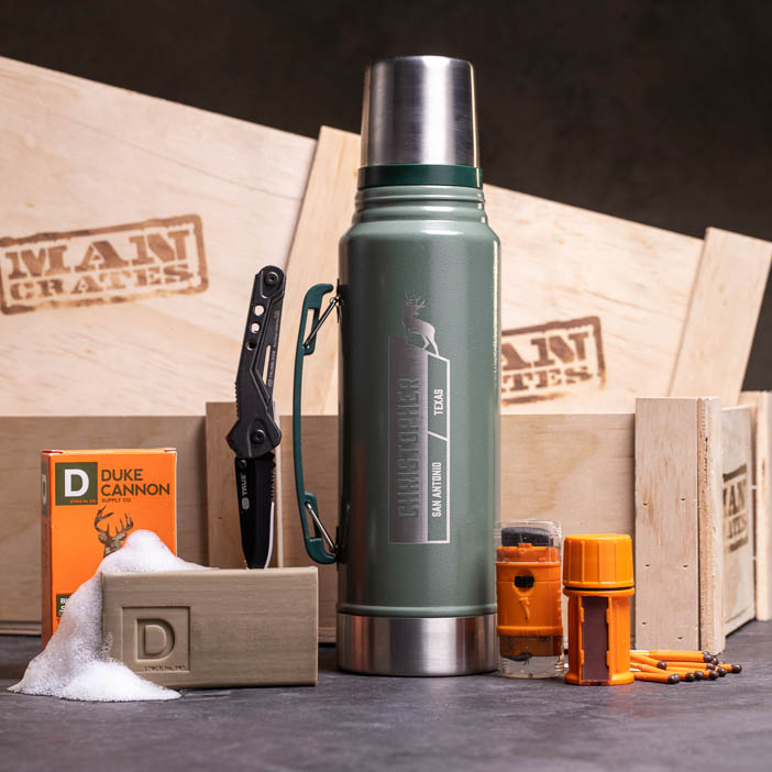 Hunting Crate includes thermos bottle, hunting knife, stormproof matches, hunting soap, camo face paint and form wrap.