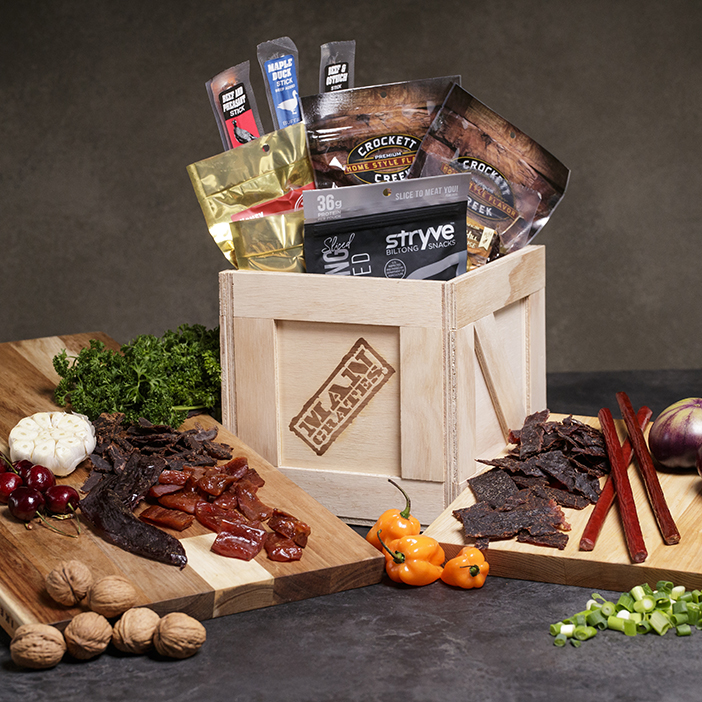 Exotic Meats Crate includes ten different varieties of exotic meat jerky.