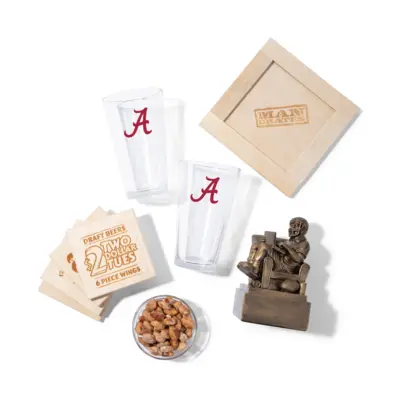 College Barware Crate includes team pint glasses and assorted snacks.