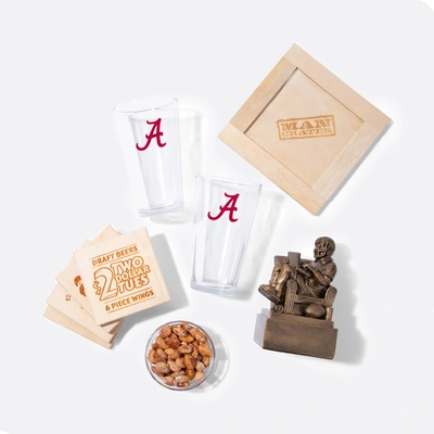 College Barware Crate includes team pint glasses and assorted snacks.