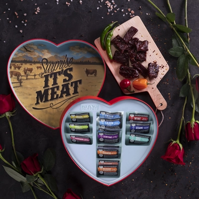 Make his stomach swoon with a clever heart stuffed with salaciously savory jerky bites and sticks!