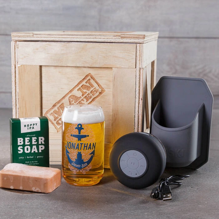 Personalized Shower Beer Crate components for men's beer gift.