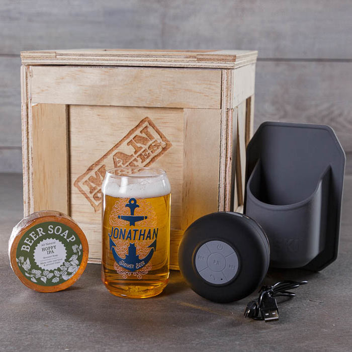 Personalized Shower Beer Crate components for men's beer gift.