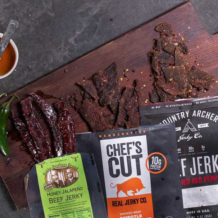 Sweet and spicy jerkies displayed for men's gift.