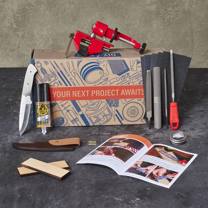 The Knife Making Kit includes all knife components needed, wood stain, vise and file set, sandpaper, and project booklet.