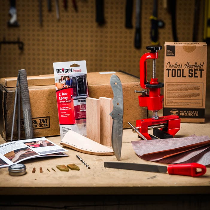 The Knife Making Kit includes all knife components needed, wood stain, vise and file set, sandpaper, and project booklet.