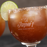 Close up of personalized margarita glass engraving for a great men's drink gift.