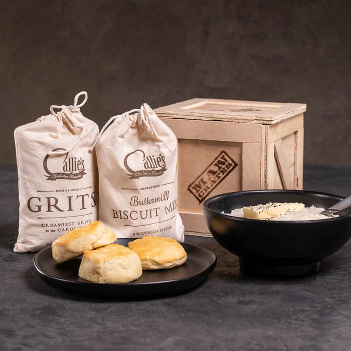 Breakfast Rations Ammo Can includes buttermilk biscuit mix, grits, and hot honey.