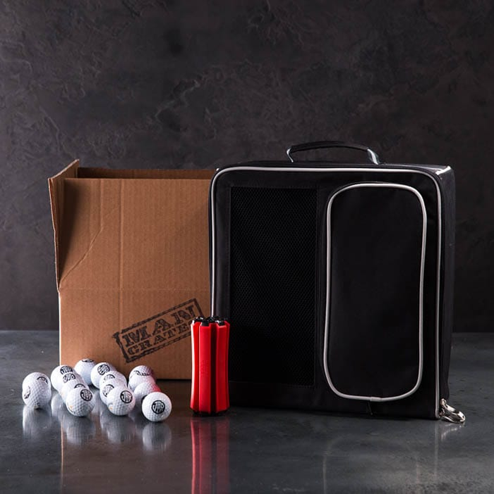 Golf And Go Caddy Pack includes personalized golf balls, club holder, and golf gear organizer.