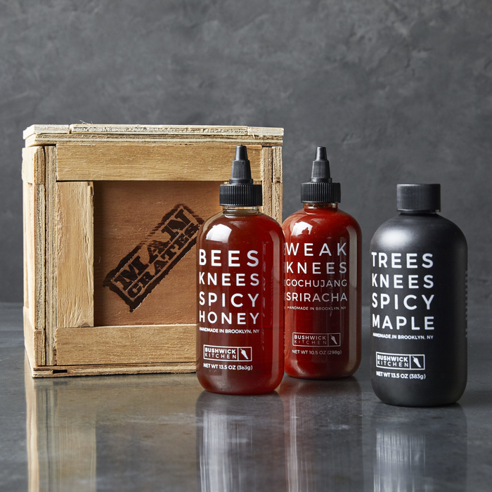 Sweet And Spicy Mini Crate includes spicy honey, spicy maple syrup, and gochujang sriracha.