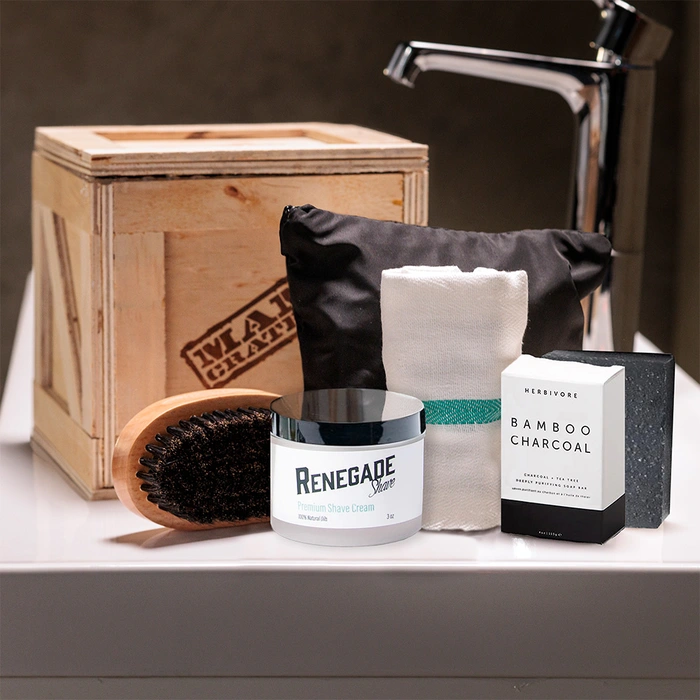 Beard Wrangler Mini Crate overhead of styling tools and products for men.