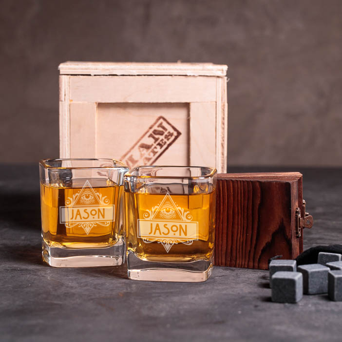 Personalized rocks glasses and whiskey stones with crate is a great men's whiskey gift.