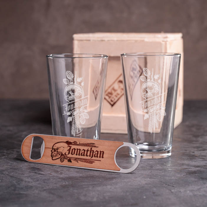 Personalized pint glasses and speed bottle opener with crate is a great men's beer gift.