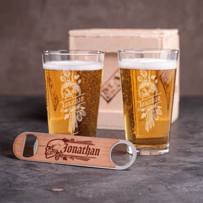 Full glasses with personalization and speed bottle opener with crate is a great men's beer gift.