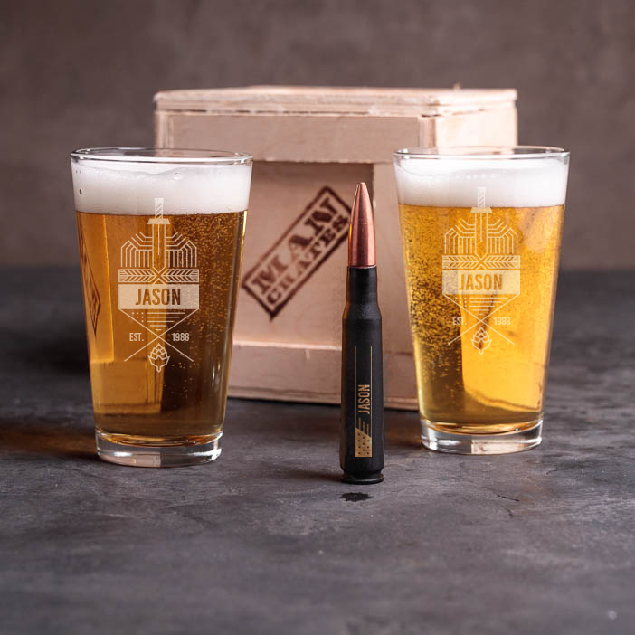 Personalized beer glasses and .50 cal bullet bottle opener is a great men's beer gift.