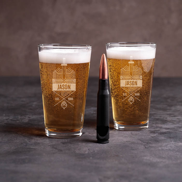 Personalized glasses and bullet bottle opener are a great men's beer gift.