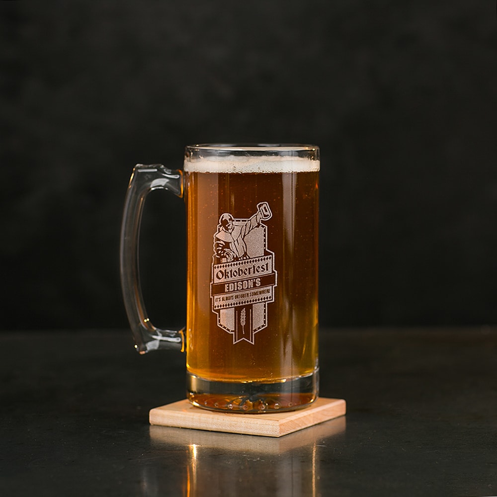 Personalized Oktoberfest Stein on a coaster makes a great men's beer gift.
