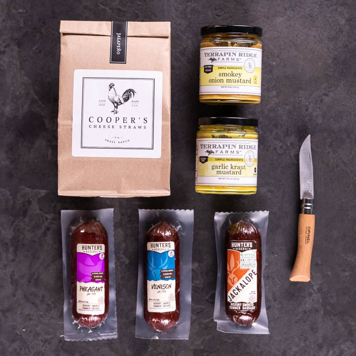 Exotic Summer Sausages and spreads with knife for men's snack gift.