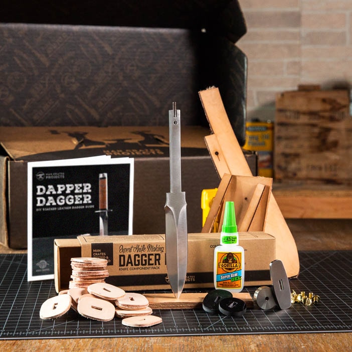 Blade, wood, glue, leather, and instruction booklet is a great men's DIY gift.