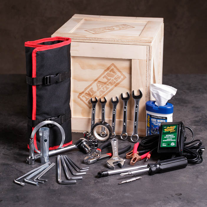 Motorcycle crate tools for a great men's DIY gift.