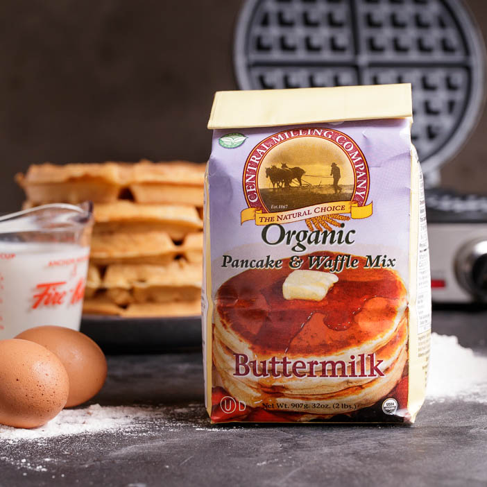 Pancake Mix with waffle maker and pancakes for a great men's cooking gift.