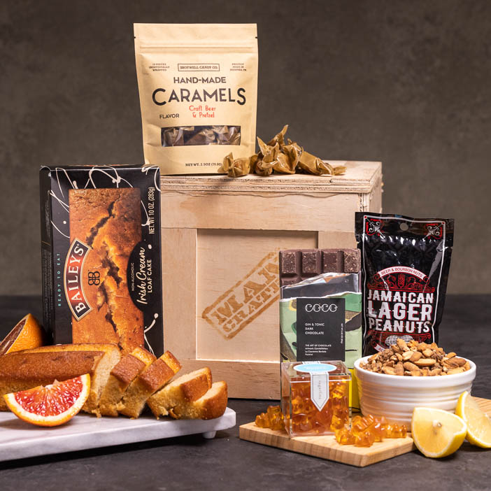 Boozy Snacks Full Collection with crate for a great men's snack gift.