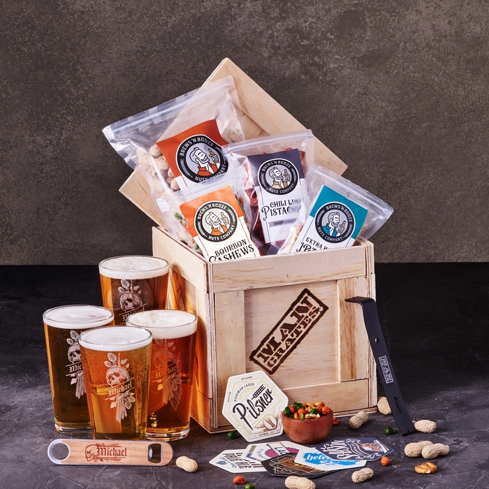 Awesome personalized pint set and snacks for beer lovers.