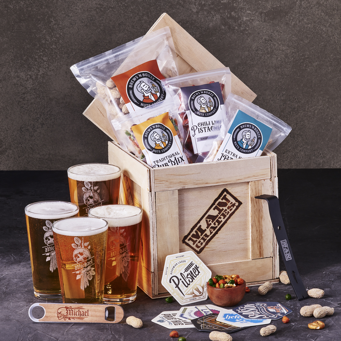 Awesome personalized pint set and snacks for beer lovers.