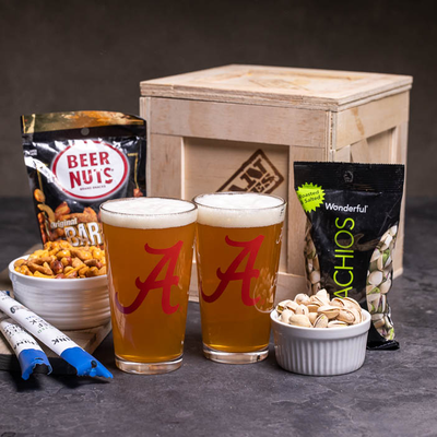 College Barware Crate includes team pint glasses and assorted snacks.