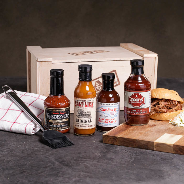 BBQ Sauces with brush, crate, and sandwich is a great men's grilling gift.