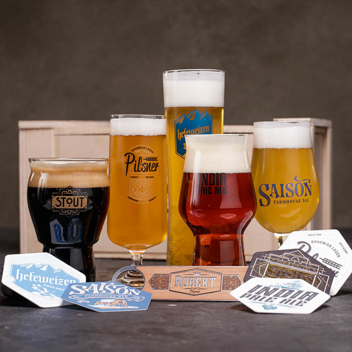 5 different beer glasses full with coasters is a great men's gift.