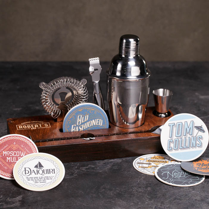 Classic Cocktail Tools and coasters for a great men's drink gift.