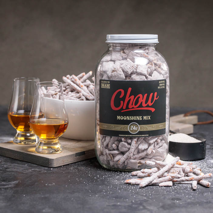 Moonshine Man Chow in jar with snifter glasses is a great men's snack gift.
