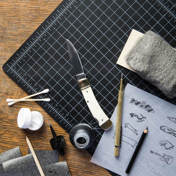 Scrimshaw Knife Kit includes a lockback knife, and scrimshawing kit with Micarta ivory, archival wax, and dual grit sharpener.