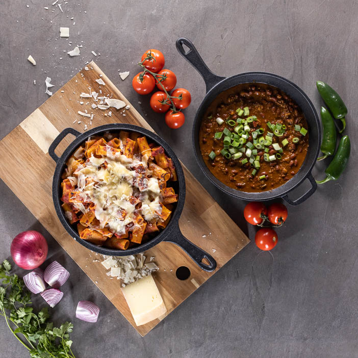 Cast Iron pans filled with dishes make a great men's cooking gift.