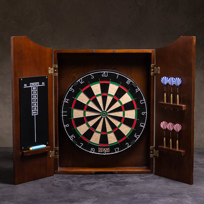 Personalized Dartboard in case with doors open for a great men's sports gift.