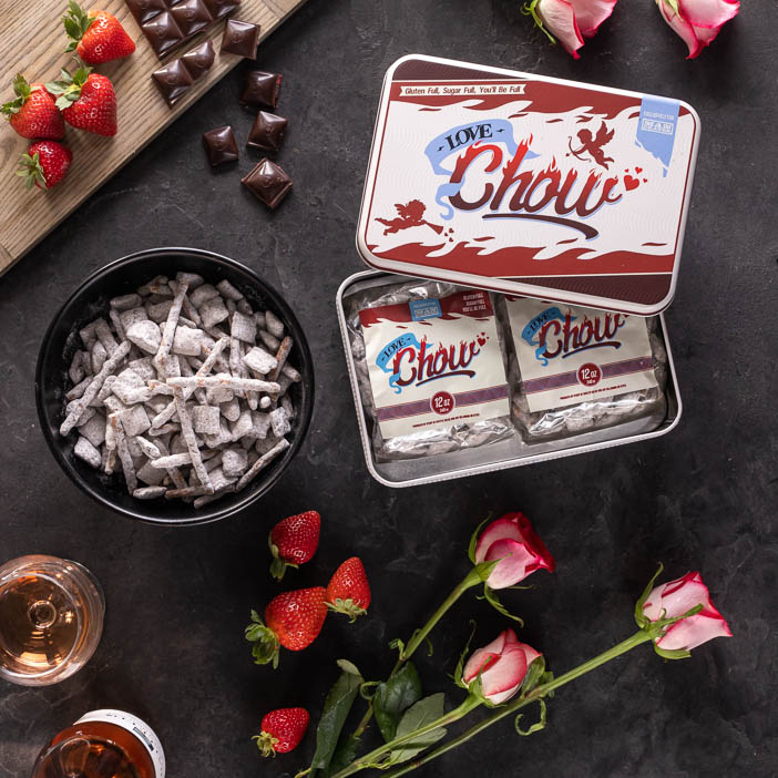 Love Chow in decorated tin is a great men's snack gift.