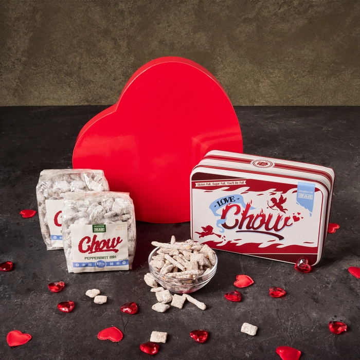 Love Chow in decorated tin is a great men's snack gift.