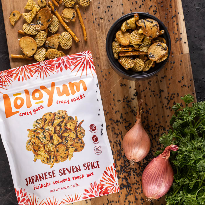 Japanese Seven Spice snack mix on a cutting board is a great men's snack gift.