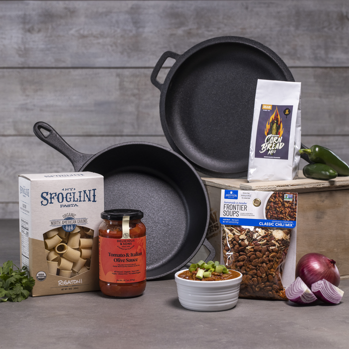 Cast Iron pans, sauce, pasta, and other ingredients make a great men's cooking gift.