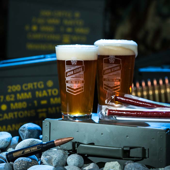 Personalized Pint Set Ammo Can includes two personalized pint glasses, bottle opener, and two jerky sticks.
