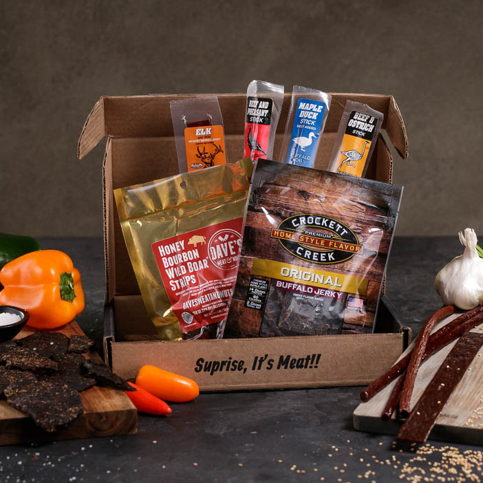 Exotic Meats Jerkygram includes an assortment of different jerky and proteins from faraway lands.