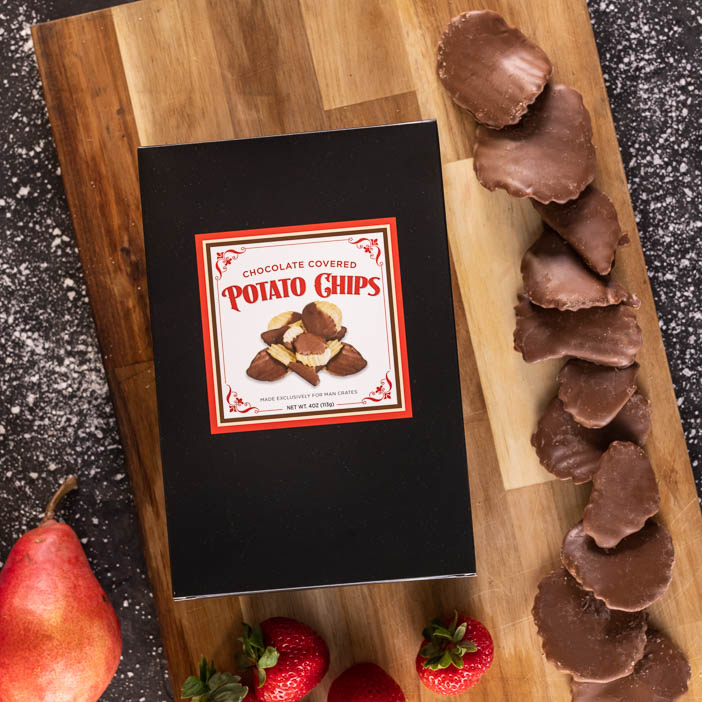 Chocolate covered potato chips are a great men's snack gift.