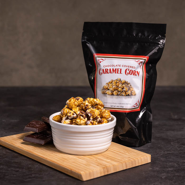 Chocolate covered caramel corn are a great men's snack gift.