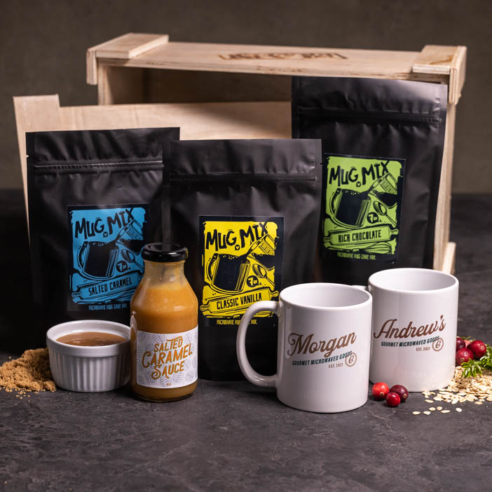 Three delectable flavors and a pair of personalized mugs to make his next snack a literal piece of cake!